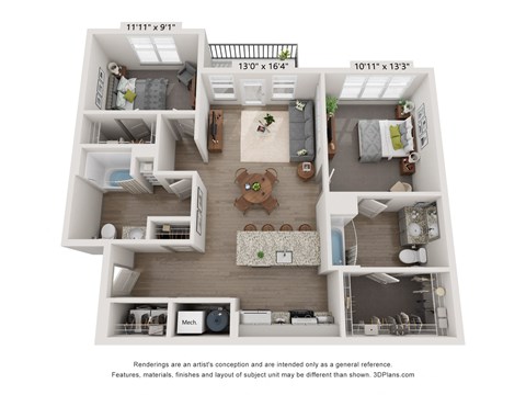 Two-bedroom apartment layout at Plat 10 Living Windsor CO with spacious living and dining areas.